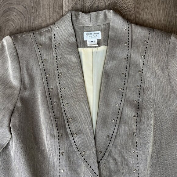Hobby Horse Woman M Taupe Strip Blk Stitch Sequined 2 Button Western Show Jacket - Picture 9 of 11